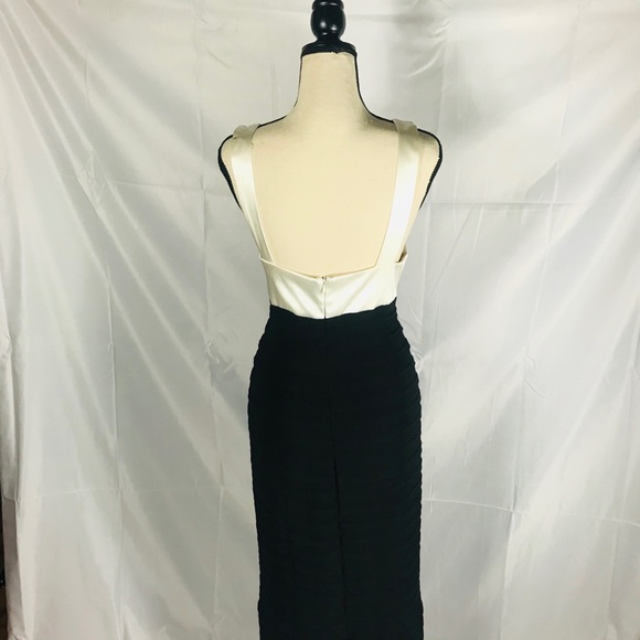 Ivory Satin and Black Pleated Halter Formal Dress - Picture 6 of 7